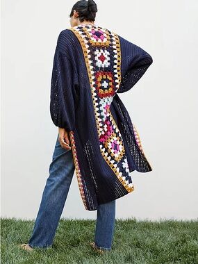 Anthropologie Day Out Duster Kimono Sweater OSFM Navy Blue Multicolor Boho